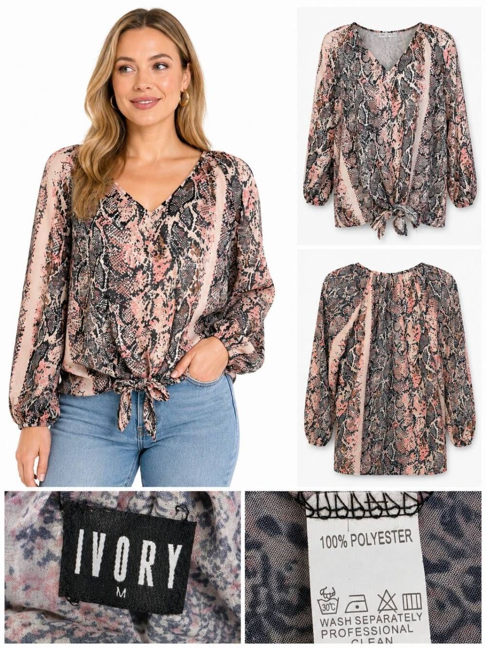 Ivory Medium Pink Snake Print Tie Front Blouse M